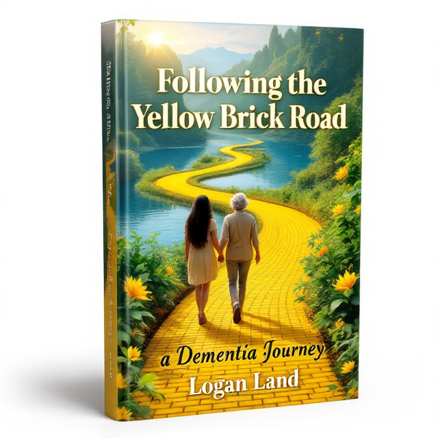 A vibrant yellow brick road meandering through the center of the cover, leading into a serene lake with soft reflections complementing the landscape. On the road, a young woman with long black hair is walking alongside an elderly woman with short gray curls, holding hands tenderly. The path fades into a dreamy and bright horizon reminiscent of "The Wizard of Oz," with no rainbow, but a soft golden light representing an emotional journey. Green foliage surrounds both sides of the road, evoking warmth and life.