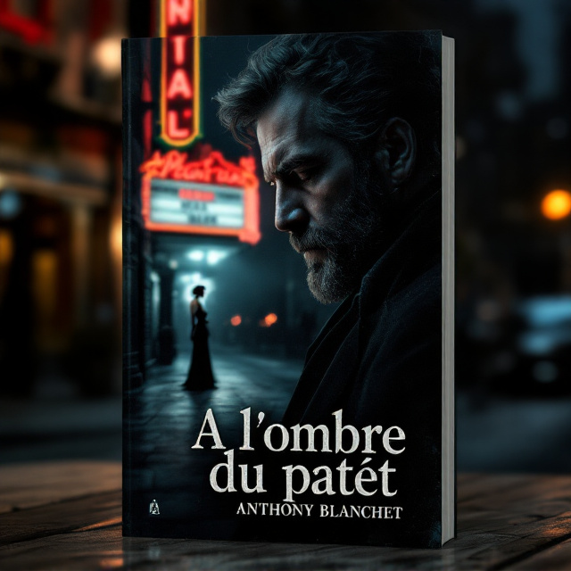 In the foreground, a brooding man with a thick, dark beard gazes downward, half his face obscured in shadow. The background is a dimly lit urban street with an old-fashioned theater. The neon sign of the theater glows faintly in soft reds and greys, with a vintage style. Standing opposite to the man, barely illuminated by a subtle beam of light, is a glamorous actress in a 1940s-style gown, her expression intense yet enchanting, as though concealing a dark secret. The cover has a grainy, cinematic noir effect, heavily reliant on contrasting light and shadow to evoke suspense.