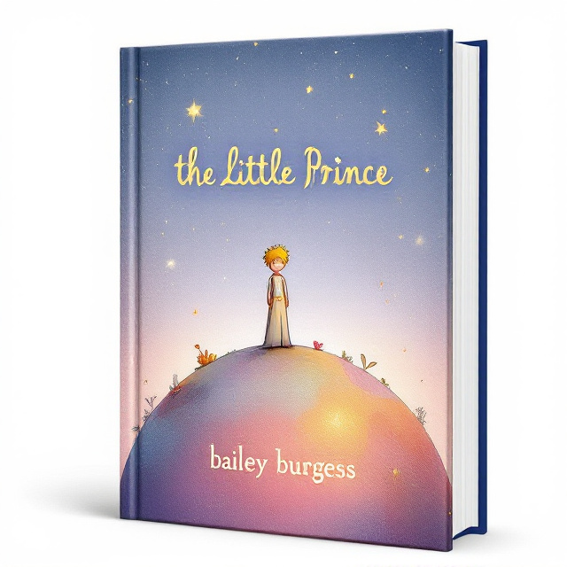 A whimsical illustration of a small prince standing on a tiny, colorful planet adorned with a single flower. The background is a soft, starry sky transitioning from dusk to night, with constellations forming faint shapes of animals and objects. The colors are vibrant yet dreamy, with hues of lavender, gold, and deep blue dominating the palette.