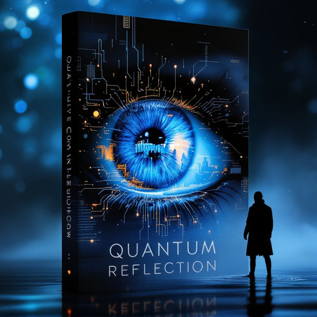 A close-up of a human eye is the central focus, with an intense blue iris. Within the pupil of the eye, a mirror-like reflection reveals fragmented scenes of multiple timelines—ancient ruins, a futuristic cityscape, and a misty forest all overlapping seamlessly in faint, glowing hues. The reflection overlays are subtly wired with circuit-like details, depicting a fusion of organic and synthetic themes. In the bottom right corner, a shadowy, faceless man in black stands, partially submerged in mist, adding a sense of enigma. The background features soft, gradient tones of deep blues fading to black, reinforcing the sci-fi aesthetic.