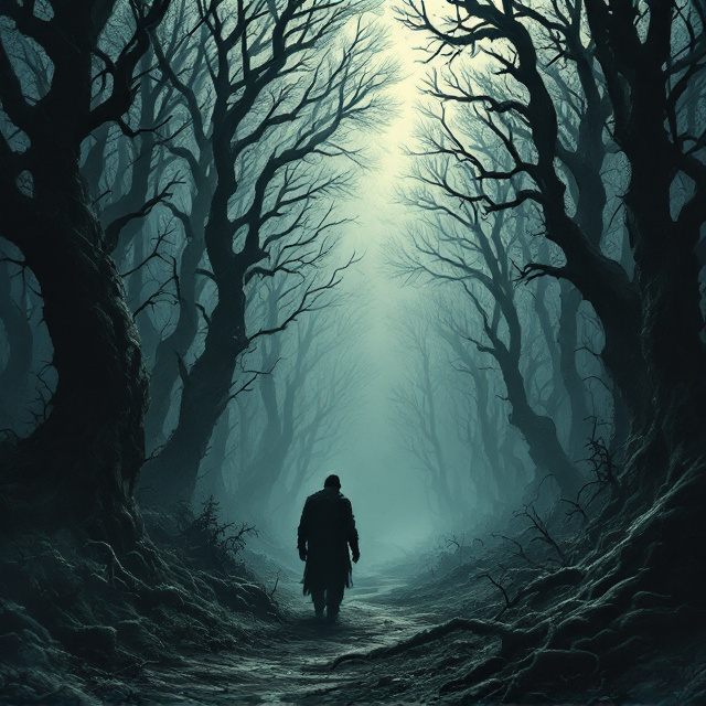 A desolate forest scene dominates the cover, filled with gnarled, skeletal trees stretching their twisted, boneless limbs toward an endless, starless void. The hues are ominous gray, deep blue-green, and pitch black, giving the sense of drowning in darkness. A shadow of the hunched and injured man is visible, mid-step through the undergrowth, shrouded in mist. The faint outline of a slithering, indistinct creature blends into the scene, only visible upon closer inspection. Silken whispers of light form nearly imperceptible, cursed patterns on the edges.