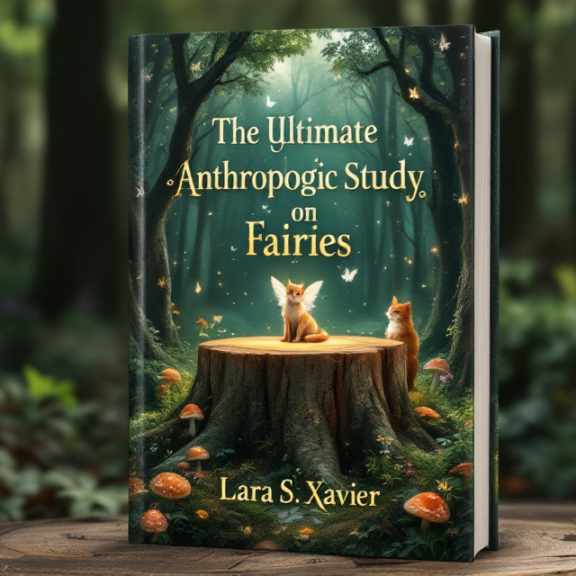 The cover showcases a lush, dark green forest with towering, ancient trees surrounded by soft, glowing fireflies. The focal point is a large, cut tree stump at the center that has a soft, otherworldly light emanating from its bark. A delicate fairy with shimmering, translucent wings sits gracefully on the stump, while an orange cat lounges at the base of the stump, staring directly at the viewer. Vibrant mushrooms, colorful wildflowers, and graceful butterflies adorn the forest floor, creating a sense of enchantment. A fox is peeking from behind a tree, adding a subtle touch of curiosity.