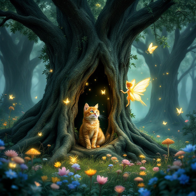 The book cover features a serene yet magical depiction of a dark green enchanted wood. Towering ancient trees with gnarled roots frame the scene, their leaves glowing faintly with an ethereal shimmer. At the center, an aged and hollowed-out tree houses an orange tabby cat with playful green eyes and a delicate golden fairy perched beside it. The fairy is small with translucent, glowing wings, and she looks as though she is mid-laughter, spreading a sprinkling of magical golden dust. The foreground showcases a lush blanket of grass dotted with vibrant flowers (pinks, blues, and yellows) and delicate mushrooms with bioluminescent caps. Butterflies flit around in the air, their wings catching soft light. The background has more giant trees, their silhouettes fading into a soft magical mist, creating depth and dimension.
