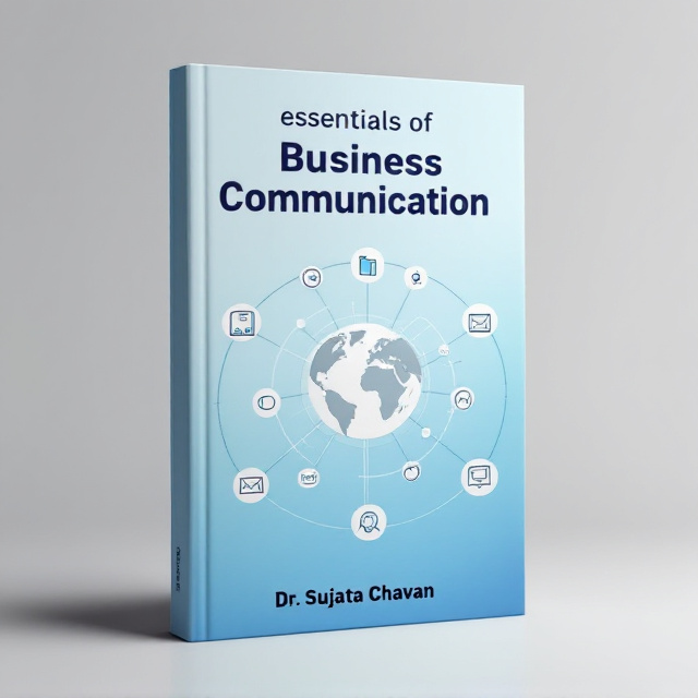 A clean, modern design featuring a light blue gradient that transitions into light gray. At the center, a stylized globe in light gray with interconnected lines symbolizes global communication. Around it are minimalist icons representing business tools like briefcases, emails, and charts, arranged in a circular pattern. The title is placed prominently on the upper half of the cover, while the author's name appears in smaller text at the bottom.