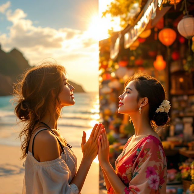 A picturesque scene of a golden-hour beach in Greece transitions seamlessly to a vibrant marketplace in Thailand, split diagonally by a soft lens flare. On one side, a young woman with a camera slung around her neck gazes out towards the horizon. On the other side, another woman, wearing a traditional Thai outfit, stands amidst floral lanterns, looking up to the sky. Between them, their hands almost touch, radiating a subtle glow. The title appears etched into the sunlight at the point where their gazes seem to meet.