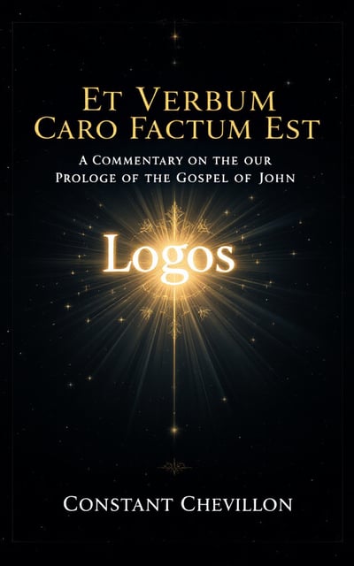 A dark, starry background fades into an ethereal light radiating from the center. Rays of light form the text "Logos" in Greek, with subtle beams of light extending outward. Intricate, delicate patterns surround the light source, adding a mystical touch.