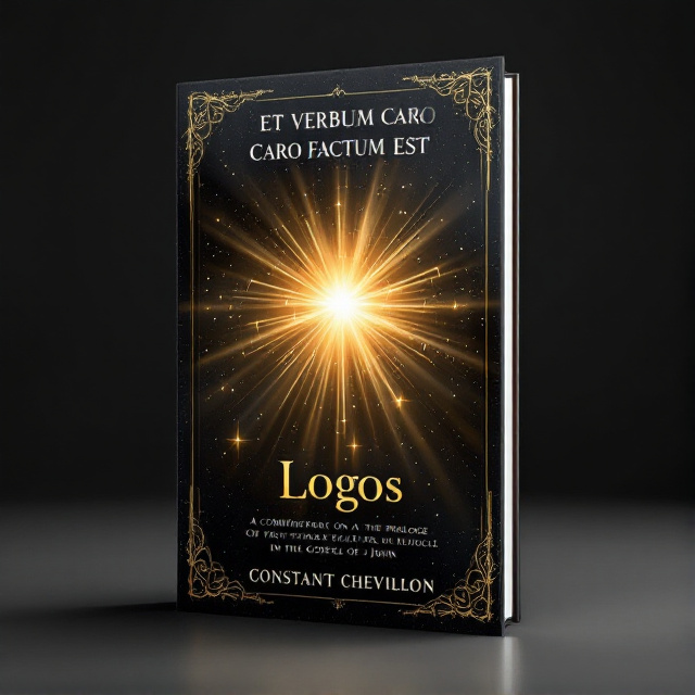 A dark, starry background fades into an ethereal light radiating from the center. Rays of light form the text "Logos" in Greek, with subtle beams of light extending outward. Intricate, delicate patterns surround the light source, adding a mystical touch.