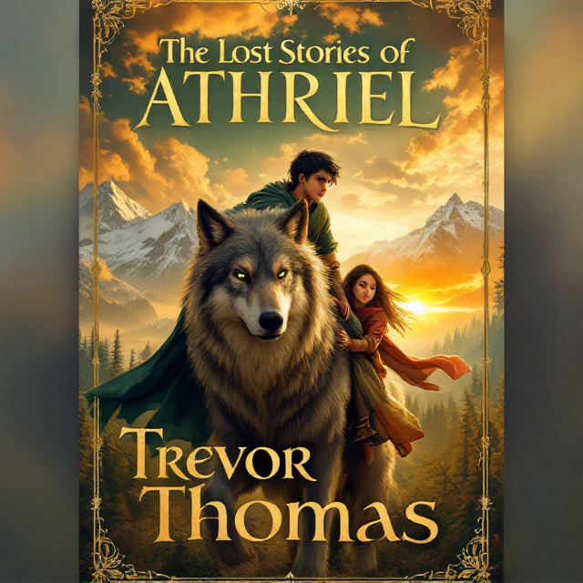 A 13-year-old boy with black hair and green eyes rides a giant, majestic wolf. The boy's determined face is lit by a golden sunset, with the girl holding onto his waist, her expression mirroring a sense of wonder and amazement. The backdrop features a dense, enchanted forest and distant, snow-capped mountains. The wolf's fur and the children's clothes flow dramatically in the wind.