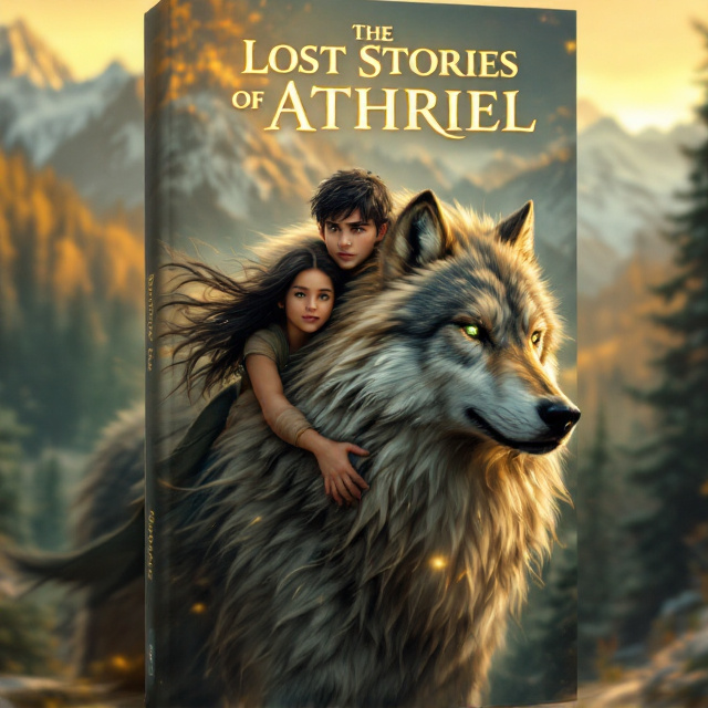 The cover features a dynamic scene with a 13-year-old boy with black hair and green eyes riding a giant, majestic wolf. He has a determined expression on his face, highlighted by the golden hues of a setting sun. Behind him, a girl holds on to the boy, her face showing awe and amazement. The background showcases a dense, enchanted forest that fades into distant, snow-capped mountains. The fur of the wolf and the children's clothes are flowing dramatically in the wind.