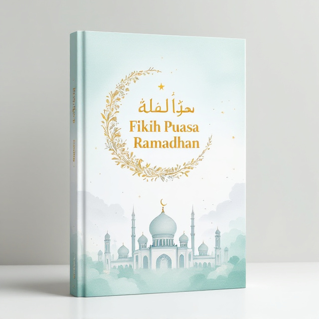 A serene pastel-colored background with a subtle gradient from light turquoise at the top to white at the bottom. In the center, a delicate crescent moon and star symbol in gold, with intricate floral patterns extending from the moon. At the bottom half, there is a soft watercolor illustration of a mosque with domed roofs and minarets, blending seamlessly into the background. Faint, semi-transparent wisps of clouds hover around the mosque, adding an ethereal quality to the design.