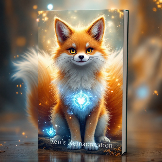 On the cover, Ren the kitsune stands prominently in the middle, with a playful, mischievous smile, and magical energy forming between their slightly raised paws. Two flowing tails are clearly visible, adding a sense of motion. The background features an abstract swirl of magical elements with faint, glowing runes partially visible to hint at the LitRPG system. Subtle sparkles and floating particles enhance the magical ambiance.