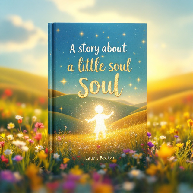 The cover features a vibrant, whimsical illustration of a little soul depicted as a glowing, sparkling figure. The background showcases a landscape bathed in warm sunlight with gentle hills and a clear blue sky. There are sparkles and glitter effects scattered around the field to evoke a sense of magic and wonder. Tiny, colorful flowers dot the landscape, adding to the childish and light-hearted feel.