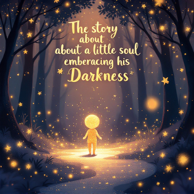 A scenic illustration of a small golden soul, glowing softly, walking through a whimsical forest filled with glittering fireflies and faint, dark purple shadows. The background transitions from a gentle sunrise gradient (pink, gold, and soft orange) at the top to a darker but gentle navy-blue hue near the bottom. The little soul leaves behind a trail of golden sparkles as he walks toward the horizon, with shafts of sunshine breaking through trees above. Golden glitter accents speckle the scene, adding texture and a magical tone.