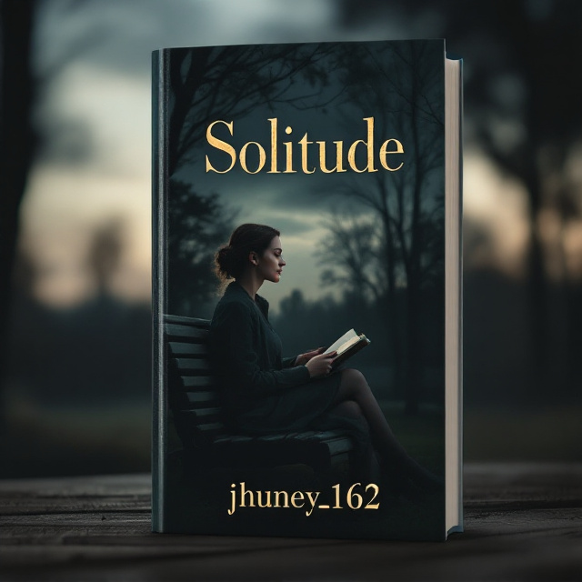 A somber scene of a woman sitting alone on a wooden bench in a quiet park at dusk. The sky is overcast with a hint of the setting sun casting soft, warm light. The woman appears pensive but comfortable, with an open book in her lap and a slight smile on her lips. The background is filled with tall, shadowy trees and the ambiance has an overall melancholic yet peaceful vibe.