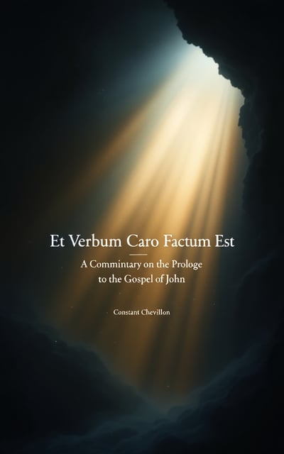 An ethereal scene of light gradually piercing through dense darkness, with rays forming the Greek word 'Λόγος' (aha or slightly backlit effect). The darkness transitions smoothly to light, symbolizing divine creation. Rays of golden light spread diagonally, emphasizing the profoundness of the concept. A serene background of deep blue and black blends seamlessly with the brilliance of the emitting light. The author's name and book title are subtly blended into the emerging light, giving them a celestial aura.