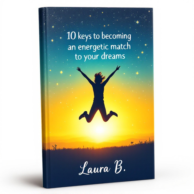 The cover features a vibrant gradient background transitioning from a bright sunrise yellow at the bottom to a deep night sky blue at the top. In the center, a silhouette of a person is depicted jumping joyfully in mid-air with arms stretched upwards, surrounded by small, sparkling stars and dream-like swirls of energy.