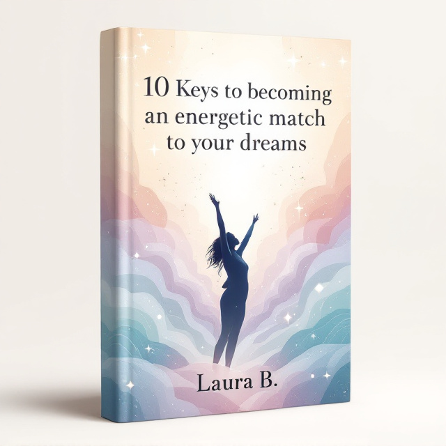 A radiant burst of beige tones transitioning into dreamy pastel colors (light pink, lavender, and sky blue), symbolizing energy and joy. The imagery features subtle sparkles and flowing abstract wave-like patterns in the background. In the center, a silhouetted figure reaches upward, almost as if grabbing their dreams. The design evokes positivity, ambition, and a sense of upward movement.