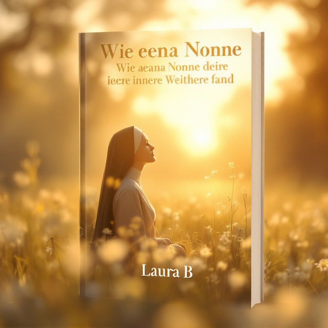 A serene, lightly blurred background of a sunrise over a peaceful meadow. A soft radiant light emanates from the center, giving an angelic glow. A delicate, translucent silhouette of a nun in contemplation is subtly overlaid, blending seamlessly with the warm tones of the meadow and light.