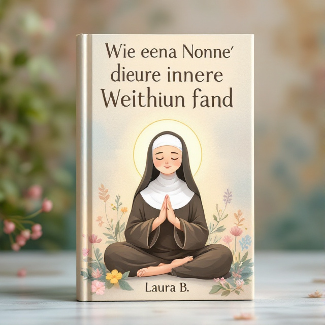 Soft pastel colors, subtle religious iconography, a cartoon-style illustration of a nun meditating with serene expressions, light beams gently illuminating her figure, surrounded by nature elements like flowers and trees in a peaceful setting.