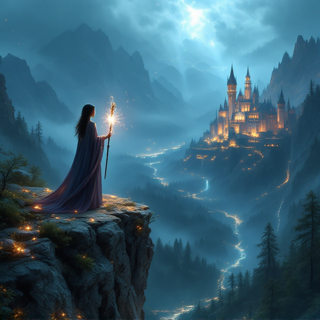 A young, ethereal-looking beautiful girl stands atop a craggy cliff overlooking a magical, sprawling medieval fantasy world. The landscape features a grand castle surrounded by thick forests, glowing rivers, and towering mountains shrouded in mist. The girl wears a flowing cloak, and her hand clenches a glowing magical staff. Around her is a scattering of otherworldly, glowing debris that hints at a theme of scavenging. The background fades into a dramatic stormy sky illuminated by shafts of surreal light, lending an air of majesty and mystery.