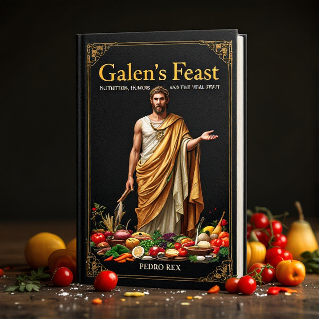An illustration of Galen in traditional Greco-Roman attire, surrounded by an array of vibrant foods symbolic of ancient Mediterranean cuisine. The backdrop is a hint of scroll-like texture, symbolizing ancient knowledge. The image is set against a rich black background, with a soft light illuminating Galen's figure, suggesting hope and vitality.