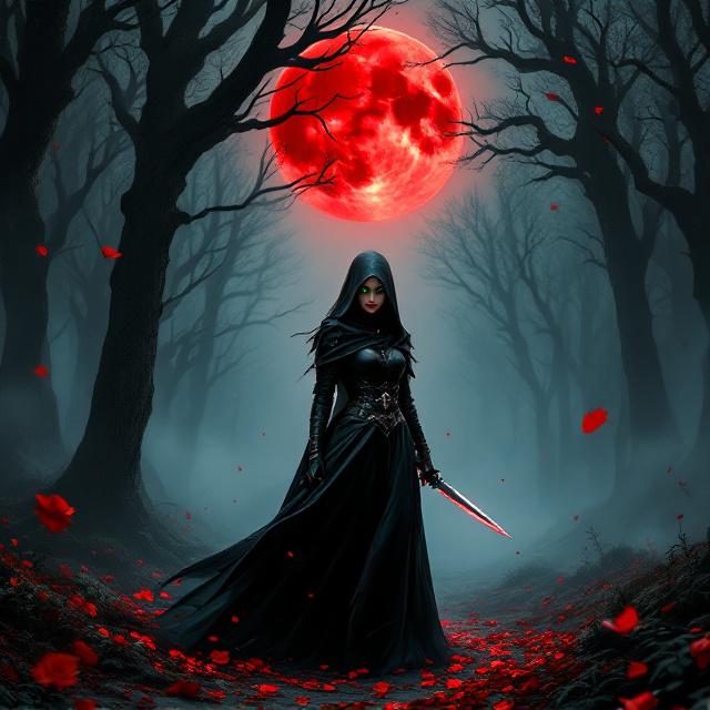 A dark and mysterious landscape depicts an enchanted forest under a blood-red moon. Shadows of ancient trees loom, intertwined with ethereal mist. In the foreground, a female assassin cloaked in black leather stands alert, holding a gleaming dagger. Her striking eyes, a vibrant green, peer into the distance. Red rose petals flutter in the wind, trailing the path of her pursuit.