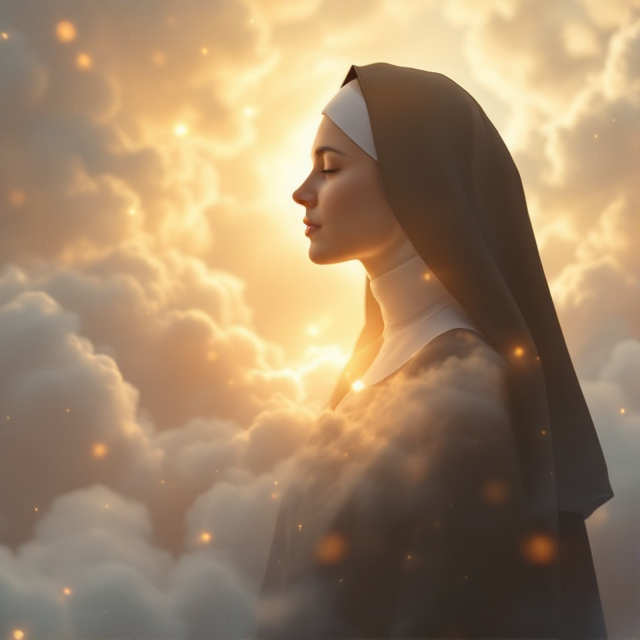 A serene depiction of a nun surrounded by soft, glowing light, symbolizing spirituality and inner peace. Her silhouette gently fades into a heavenly backdrop of pastel-colored clouds, with subtle hints of angel wings incorporating an ethereal touch. The overall design is softly illuminated, creating a sense of tranquility and purity.