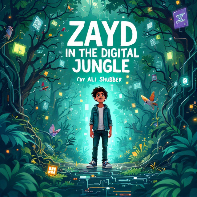 A dynamic illustration of a teenager on an adventure in a vibrant digital jungle. The scene features a network of tangled wires forming trees and bushes, with glowing screens as leaves and digital wildlife like pixelated birds and animals. The teenager, dressed in casual modern attire, is looking around with a sense of curiosity and excitement. Electronic-themed motifs like circuit patterns are subtly integrated into the jungle background.