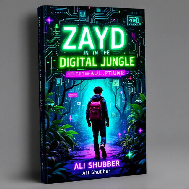 A dark, dense digital jungle with green and purple neon hues, wires resembling snakes slithering around. In the center, a determined teenage boy wearing a backpack is seen walking, surrounded by flashing digital popups and holograms. The background has a mix of foliage and circuit boards, giving a blending sense of nature and technology.