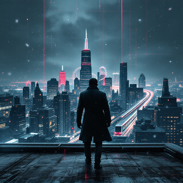 A lone figure, Detective Jamal "Slack" Carter, is centered on a snowy Chicago rooftop. The skyline stretches behind him, with Willis Tower’s spire piercing the dark, snow-heavy clouds, Hancock’s jagged outline looming, and the Navy Pier Ferris wheel subtly glowing like a distant ghost. A blood-red, glitchy grid overlays the skyline, stretching across the city like an ominous net, with faint code and static pulses running through it, distorting part of the scene. Slack’s trench coat swirls in the icy wind, his face shadowed except for piercing eyes burning with defiance. The “L” train streaks through the background, its red-tinted cars giving an ominous glow. Snowflakes dissolve into static as they fall, blending the physical and digital worlds.