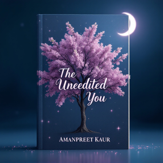 A lilac tree occupies the center of the cover with gentle, blooming flowers cascading down its branches. The tree is bathed in soft moonlight, with a crescent moon glowing faintly in the upper right corner of the design. Subtle texture is created in the background with a gradient of rich, deep blues that transition into lighter tones near the moon. The design embraces minimalism, with a clean balance of negative space and interspersed specks resembling starry accents.