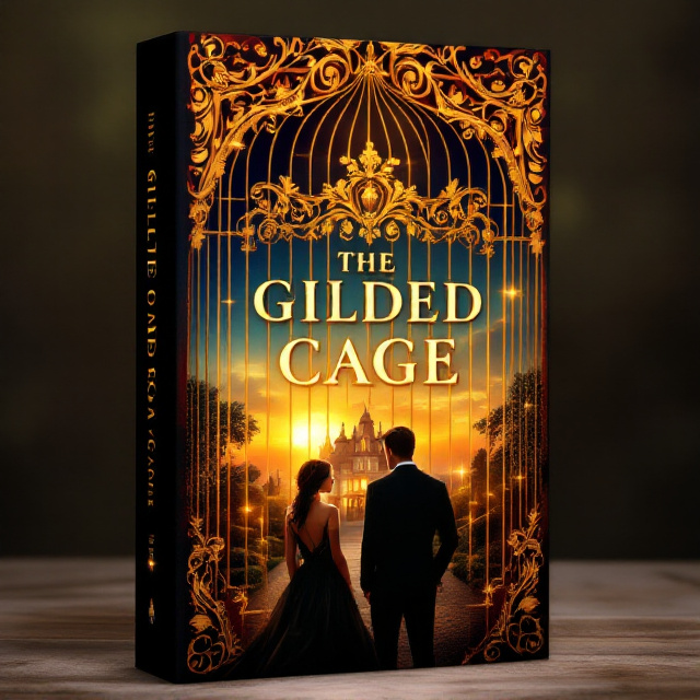 The top portion of the cover depicts a luxurious mansion estate bathed in the sunset’s warm amber hues, framed by intricate, ornate golden bars reminiscent of elegant birdcage patterns. The bars dominate the upper third of the cover, symbolizing the gilded cage. The foreground features two silhouettes—Eliza, in a flowing black evening gown with a golden sheen, partially shown in profile, exuding strength and determination, and Nathaniel, facing away in a tailored formal suit with a straight posture, suggestive of subdued power. They are linked by a thin, glowing thread of gold that stretches diagonally across the middle. The background’s gradient shifts from royal blue at the top to a rich burgundy towards the bottom, intensifying the romantic and mysterious undertones. Subtle glints along the bars and the thread suggest hidden meanings or surveillance, adding tension.