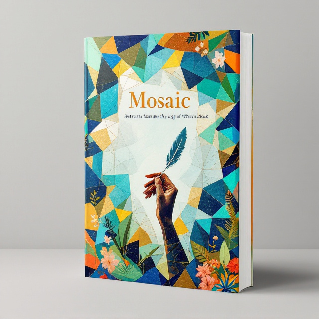 A vivid and colorful mosaic backdrop consisting of overlapping abstract shapes, resembling jagged yet orderly pieces of broken glass. In the center, a delicate silhouette of a hand holding a quill pen is subtly integrated into the mosaic, as though it’s both drawing and breaking apart the shapes. Around the border, subtle imagery of leaves, flowers, and flowing water emerges seamlessly from the mosaic, evoking nature as part of the chaos and harmony. The overall tone is both textured and ethereal, with gradients of blues, greens, and warm golds.