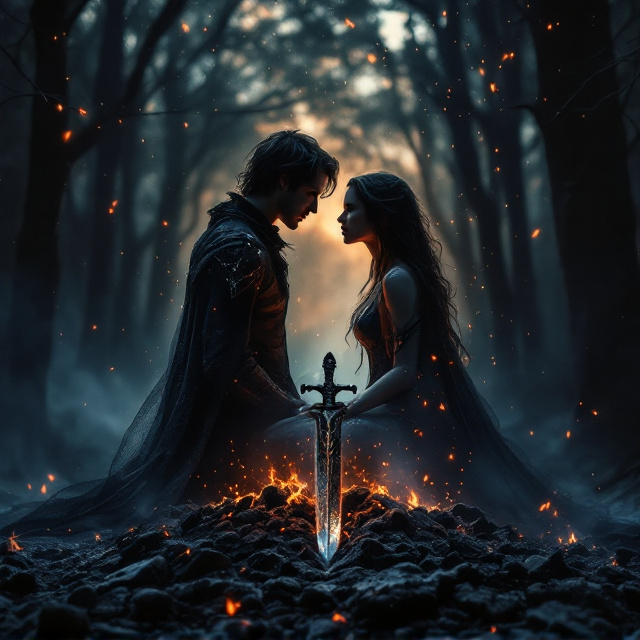 A shadowy forest illuminated by faint, otherworldly silver and gold light sits at the center of the cover. In the foreground, a mysterious black obsidian dagger lies over dark ashes glowing faintly red at the edges. Two figures, shadowy and half-transparent, almost ethereal, face each other in the forest under the faint light, their longing gazes adding a hint of romance. Delicate, ghostly embers drift up from the ashes and scatter into the title, giving the art a supernatural, mysterious ambiance.