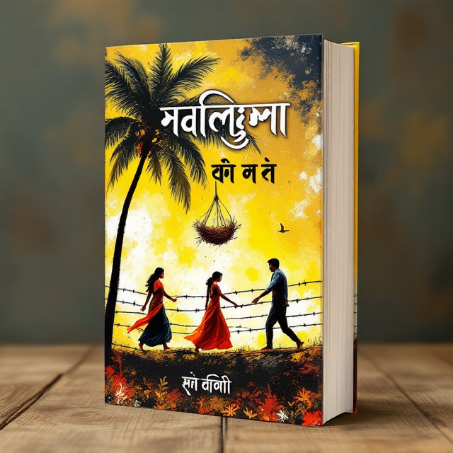 The cover features a vivid scene with men and women dressed in traditional Bengali attire, saree and dhoti, cautiously crossing a rust-covered barbed wire. Above them, an Indian palm tree stretches across the sky, hanging a delicately woven nest of a weaver bird. The background is painted in abstract shades of yellow and black, with white elements creating a stark contrast to symbolize hope amidst adversity.