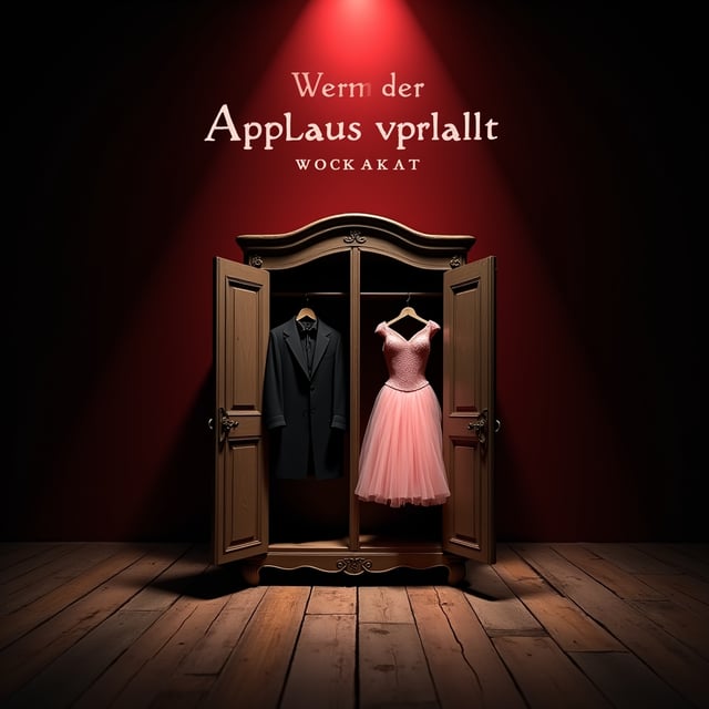 A dimly lit, old, run-down theater stage serves as the backdrop. The wooden floorboards are creaky and worn, with faint dust particles visible in the dim light. At center stage, an open antique closet stands, its door slightly ajar. Inside, a pink ballet tutu hangs beside an elegant, slightly shimmering evening dress and a black coat with a mysterious air to it. A subtle shadow creeps behind the closet, adding depth and intrigue. A single red spotlight illuminates the scene, casting dramatic shadows against the backdrop. The dominant color palette features shades of dark red, deep brown, and muted gold.