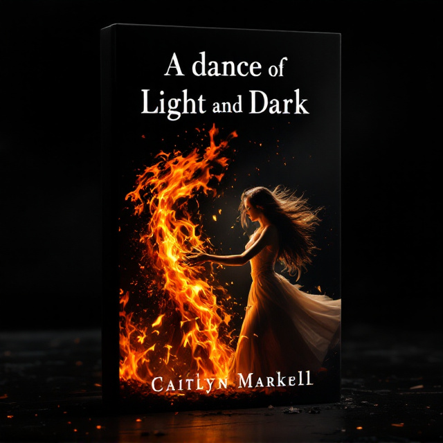 A somber and dramatic scene where a short female with long brunette hair and a tall male with short black hair are in a graceful dance pose. The man is enveloped in swirling flames and debris on the left side, while the woman stands partially veiled by gentle, soft light on the right side of the cover. The backdrop is primarily black, contrasted sharply by the intense fire and subtle light.