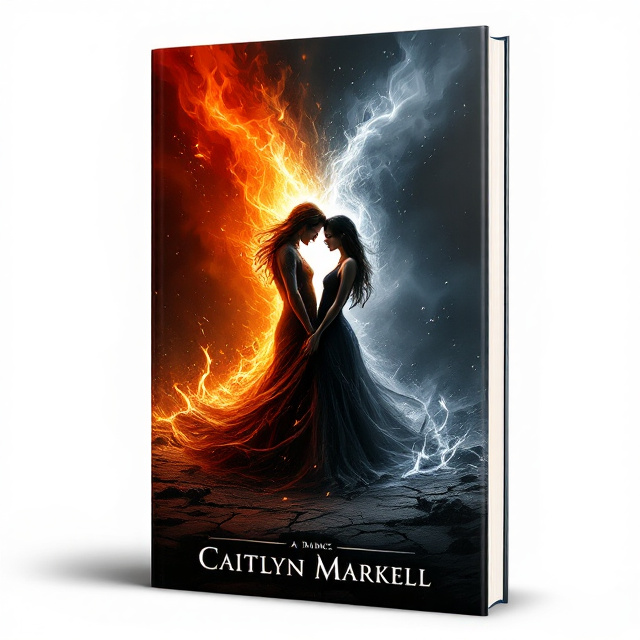 The cover features a female and male figure entwined in a hauntingly beautiful dance in the center. The male figure is enveloped in an aura of chaos with raging flames, cracked ground, and swirling debris. On the female side, there is a soft, dim glow that symbolizes a fragile hope. Her side contrasts starkly with dark creeping smoke and faint rays of light cutting through it. The background is divided diagonally, with the male's side painted in vivid fiery reds and oranges, gradually transitioning to the female’s dimly lit side of charcoal black with subtle silver highlights.