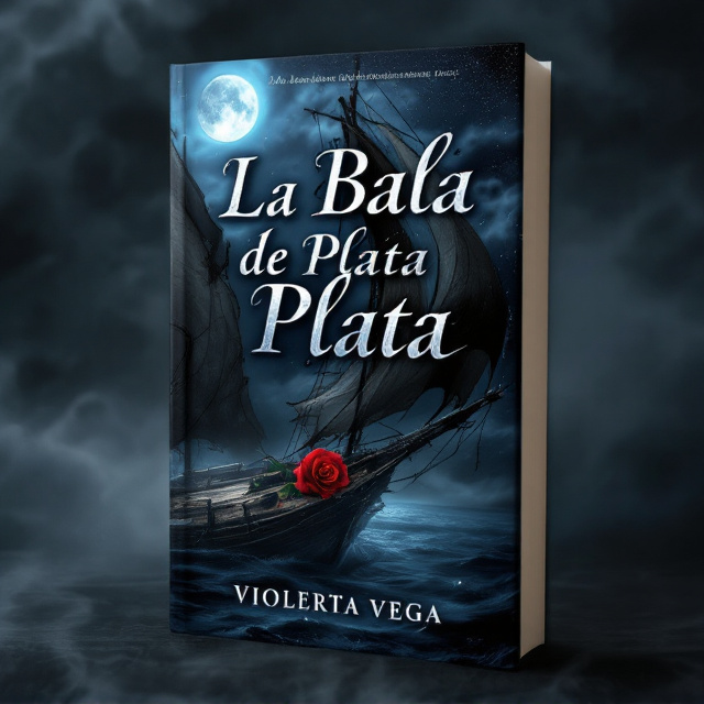 A moonlit night casts shadows on a mysterious ship adrift at sea, its sails torn and ominously billowing against a dark, cloudy sky. A crimson rose with a single droplet of what appears to be blood rests on the ship's bow, hinting at murder and romance intertwined. The backdrop is a swirling mist that envelops the scene, creating an aura of enigma and foreboding.