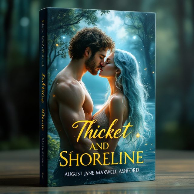 The cover features a visually striking scene where a deep forest with tall, misty trees on one side dramatically fades into an idyllic, sunlit ocean shore on the other side. The forest side is shrouded in a mysterious green hue, while the ocean glows faintly with a pale blue light. At the fading point between the forest and the ocean, the central figures stand a shirtless, tan, freckled forest god with chiseled features, brown curly hair, and bright green eyes leans into a passionate kiss with a slender sea goddess with long, pale blue hair cascading down her back. Their embrace is wrapped in an ethereal glow that seamlessly blends the two environments. Soft sparkles and glowing orbs hover near them, underscoring the enchanted emotion of the scene.