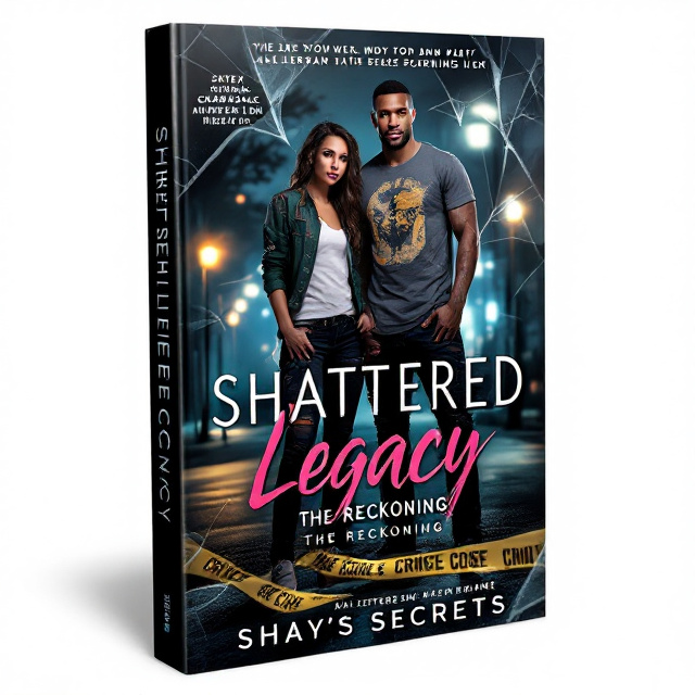 standing book mockup, Its title is "Shattered Legacy: The Reckoning". Its author name is Shay's Secrets .  The cover features Kaci Chadwell at the center, showcasing her distinct tomboy-girly style with graphic tees and ripped jeans. Dexter stands subtly angled next to her, projecting strength and mystery. The background captures the dimly lit HBCU campus with atmospheric shadows and streetlights. A shattered glass effect overlays the scene, adding complexity and depth. The emerald green and gold letterman jacket lies discarded near Kaci, while Kareem's figure lurks in shadow, adding suspense. Crime scene tape is faintly visible in the lower corner. Bold, modern sans-serif fonts combined with elegant script for the title. Author name rendered in a stylish italic., Central focus on Kaci and Dexter creates an intimate connection. The dark campus background sets a suspenseful mood. Elements like the jacket and shattered glass draw the eye diagonally across the cover, leading to the author's name and title.