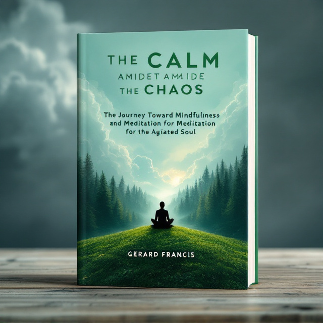 A serene landscape that transitions from a chaotic stormy sky on the left to a tranquil, sunlit forest on the right. In the center, a lone figure meditates on the cusp between chaos and calm, symbolizing transition and balance. The storm side features dark, swirling clouds, while the calm side showcases lush greenery and a clear sky.