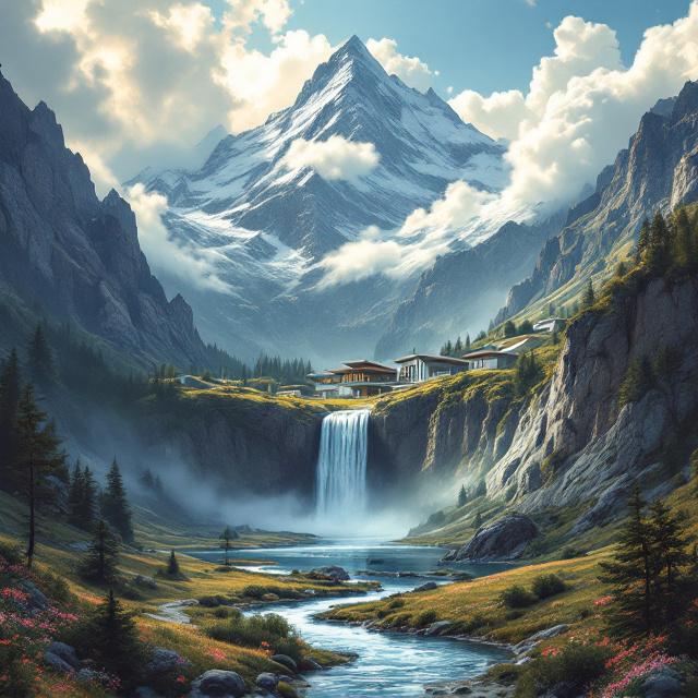 A vintage state park poster aesthetic serves as the foundation of this design. At the center, the scene features a jagged mountain range shrouded partially by thick, cotton-like clouds. The mountains cradle a steep valley, at the heart of which sits the Alpine Academy with its modern Bauhaus-style architecture. The campus’ triangular, stair-like buildings seamlessly merge with the surrounding rock formations. Waterfalls spill dramatically from the mountains, framing the academy, with the largest waterfall cascading into a shimmering lake below. The foreground depicts the slightly misty lake and wildflower-strewn meadows, with a winding river disappearing into a shadowy forest. The lighting captures the soft hues of golden sunlight filtering through a cloudy, mysterious sky. Textural details, like the grain of the stone and rippling water, are stylized to mimic old-school screen-printed posters.