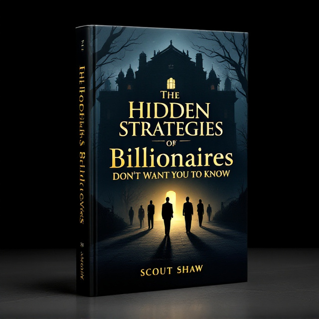 A sleek and minimalistic cover featuring a silhouetted outline of a mysterious, grand estate or mansion in the background, with shadowy, faceless figures in formal attire standing at a distance. The overall color palette consists of rich blacks, golds, and deep blues, creating an aura of sophistication and intrigue. The title appears to be emerging from shadows, catching the reader's eye.