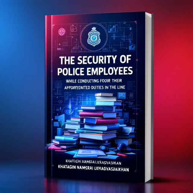 A subtle blend of red and blue hues creates a gradient background. Over this, stacks of books, police manuals, and scattered research papers appear in a central collage. Graphical elements such as charts or diagrams emerge faintly, displaying the essence of research. The silhouette of a police badge placed at the center-top unifies the theme.