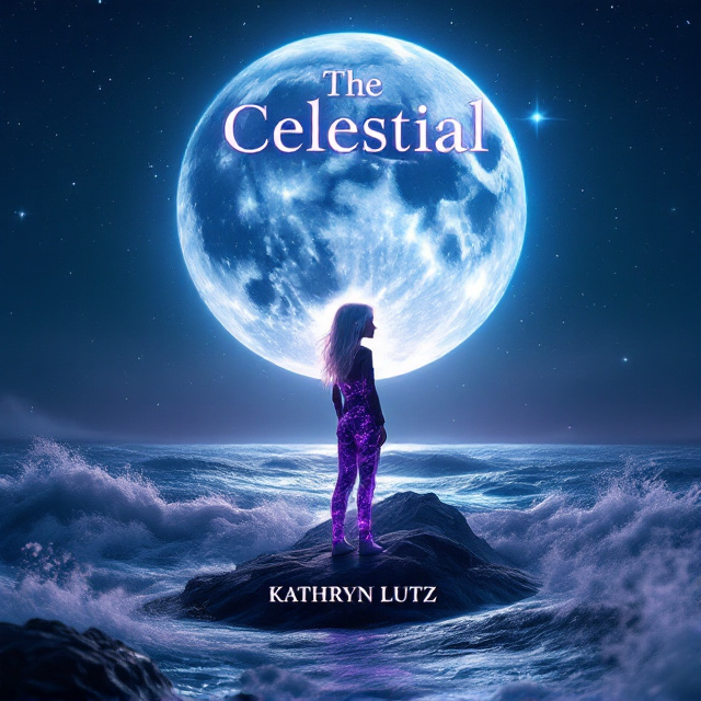 A mystical night-time scene with a large, glowing moon dominating the sky, casting its silver light on the ocean. A young girl with white hair and purple eyes stands on a rock in the middle of the ocean, with waves dramatically crashing around her. She wears a jumpsuit with a space design and purple outlines, looking over her shoulder mysteriously. The sky is dotted with stars, and the horizon blends into the dark ocean.