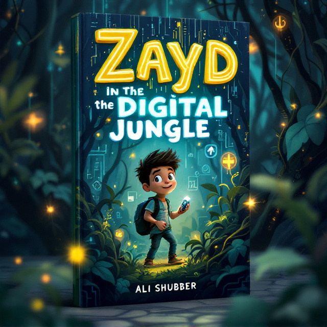 A teenage boy with a curious expression is seen walking cautiously through a dense, digital jungle, where vines and leaves are intertwined with glowing circuits and digital codes. The background is a mix of dark greens and blues with hints of glowing symbols and light sources scattered throughout. The boy is carrying a small backpack and holding a digital device that emits a faint light.