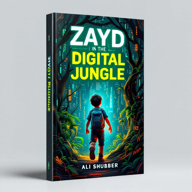 A 13-year-old boy, Zayd, is depicted walking through a dense, digital jungle. The jungle vines and trees are mixed with digital codes and pixelated patterns. The background features hints of a virtual realm with glowing elements, giving a sense of both the wild jungle and the digital world. The cover uses a vibrant color scheme with shades of green, blue, and neon.