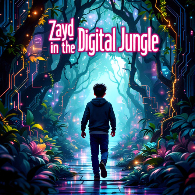 Teenager Zayd walking confidently through an elaborate digital jungle filled with glowing digital vines and circuit-like trees. The backdrop blends technicolor flora and digital elements, while mysterious creatures of code peek through the foliage. The jungle transitions subtly from physical to digital realms.