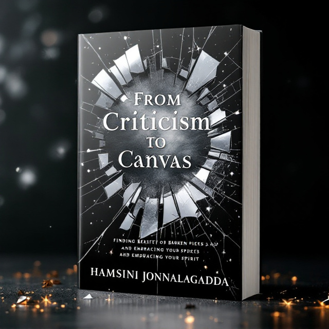 A shattered mirror reflecting a serene and beautiful canvas in its broken pieces. The dark background highlights the silver shards, creating a contrast.